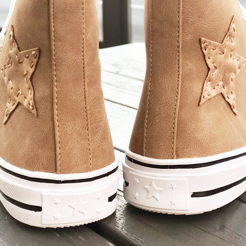 NEW High Top Faux Leather Stitch Star Patch Casual Sneakers Shoes Camel Beige - Picture 9 of 11